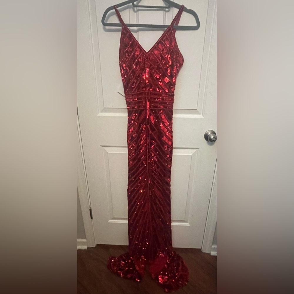 Sherri Hill Red Sequin V-Neck Column Gown